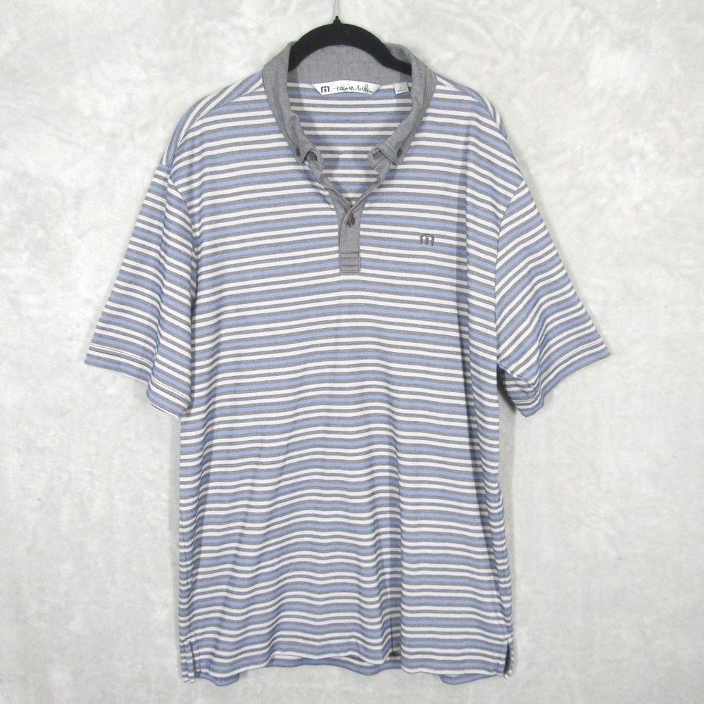 Travis Mathew Golf Polo Shirt Mens Large Blue Gray Striped Pima Cotton Blend